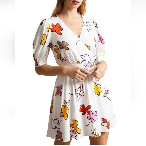 Ted Baker White Floral Wrapping Mini Dress Size 0 - Picture 2 of 13